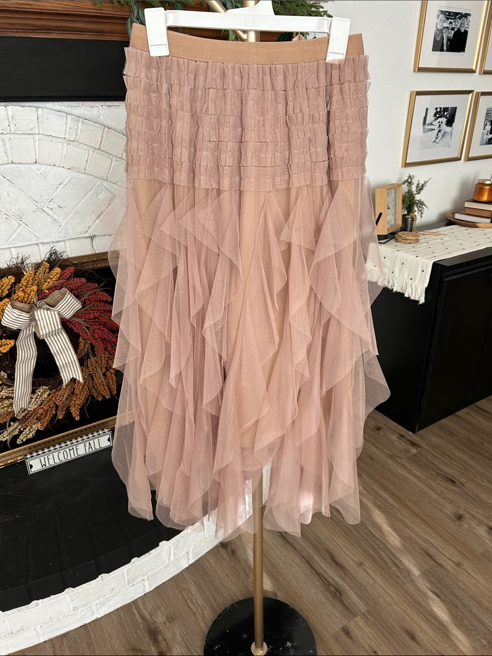 Tulle  Layered Ruffle Midi Skirt - Dusty Cream